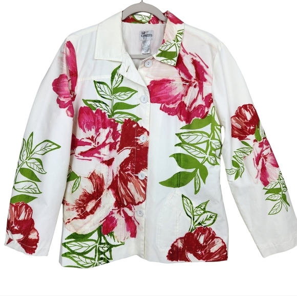 Chico's White Pink Floral Button Up Blazer Jacket Women's Size Large - Picture 1 of 10